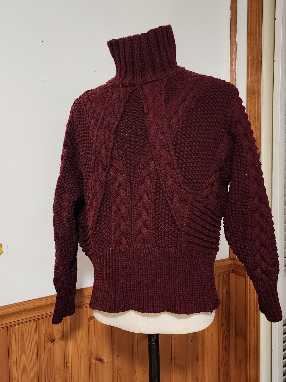 ZARA Knit Burgundy Cable Knit Turtleneck Sweater Wool Blend Size M